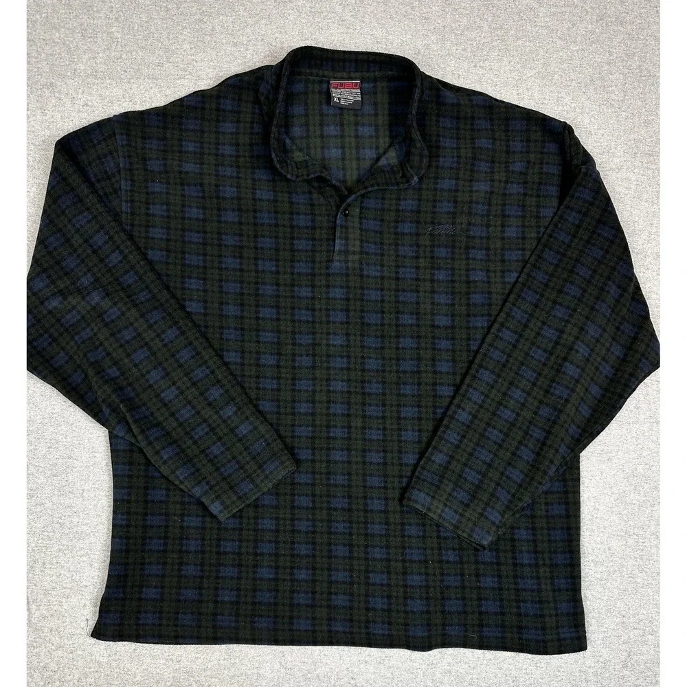 FUBU Shirt Mens XL‎ Green Blue Plaid Fleece Long Sleeve Polo Pullover Casual